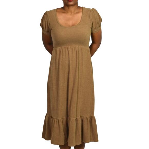 DRA Ruth Dress Brown Taupe Midi Puff Sleeve Terry Knit Pockets Tiered Size Small - Picture 1 of 14